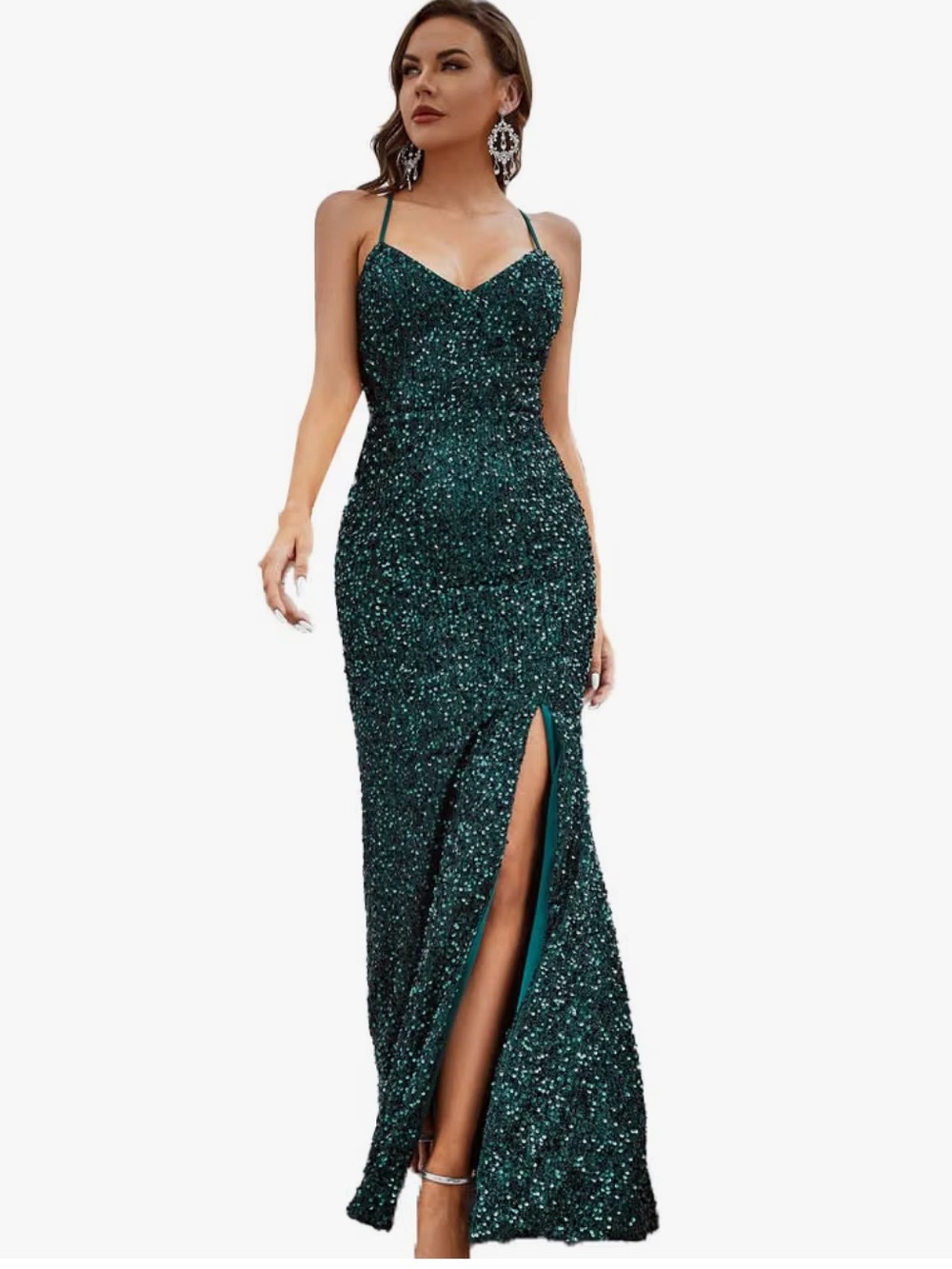 NWT Giffniseti Sexy Backless V Neck Bodycon Sequin Gown Evening Front Slit